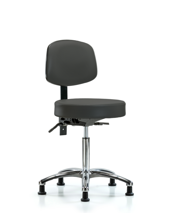Blue Ridge Ergonomics VMBST-CR-T0-NF-RG-8605 Rutledge Vinyl Stool with Back Chrome - Medium Bench Height with Stationary Glides in Charcoal Trailblazer™ Vinyl