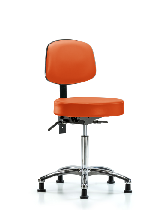 Blue Ridge Ergonomics VMBST-CR-T0-NF-RG-8613 Rutledge Vinyl Stool with Back Chrome - Medium Bench Height with Stationary Glides in Orange Kist Trailblazer™ Vinyl
