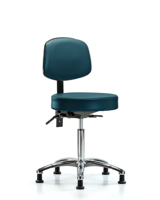 Blue Ridge Ergonomics VMBST-CR-T0-NF-RG-8801 Rutledge Vinyl Stool with Back Chrome - Medium Bench Height with Stationary Glides in Marine Blue Supernova™ Vinyl