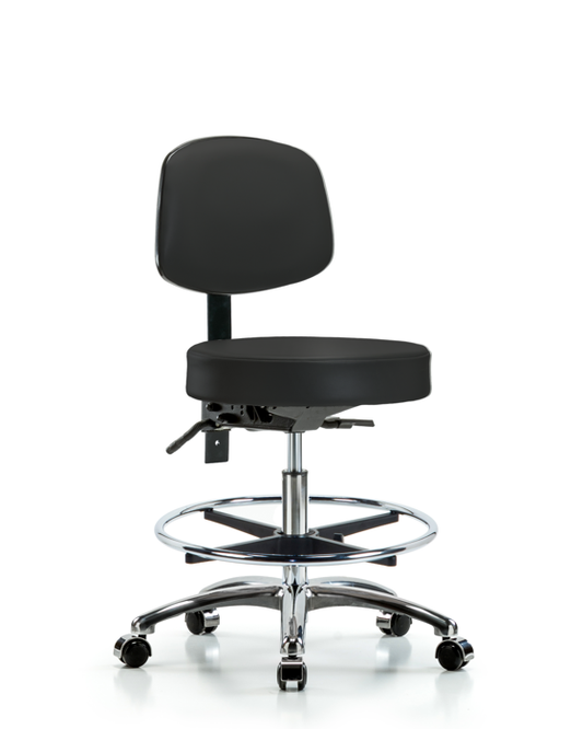 Blue Ridge Ergonomics VMBST-CR-T1-CF-CC-8540 Rutledge Vinyl Stool with Back Chrome - Medium Bench Height with Seat Tilt, Chrome Foot Ring, & Casters in Black Trailblazer™ Vinyl