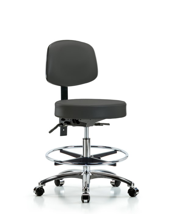 Blue Ridge Ergonomics VMBST-CR-T1-CF-CC-8605 Rutledge Vinyl Stool with Back Chrome - Medium Bench Height with Seat Tilt, Chrome Foot Ring, & Casters in Charcoal Trailblazer™ Vinyl