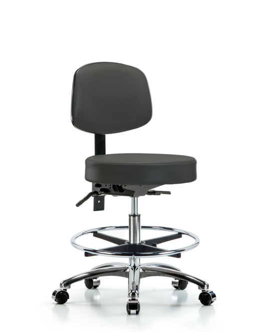 Blue Ridge Ergonomics VMBST-CR-T1-CF-CC-8605 Rutledge Vinyl Stool with Back Chrome - Medium Bench Height with Seat Tilt, Chrome Foot Ring, & Casters in Charcoal Trailblazer™ Vinyl