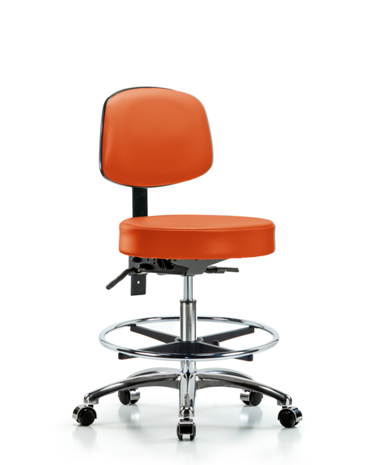 Blue Ridge Ergonomics VMBST-CR-T1-CF-CC-8613 Rutledge Vinyl Stool with Back Chrome - Medium Bench Height with Seat Tilt, Chrome Foot Ring, & Casters in Orange Kist Trailblazer™ Vinyl