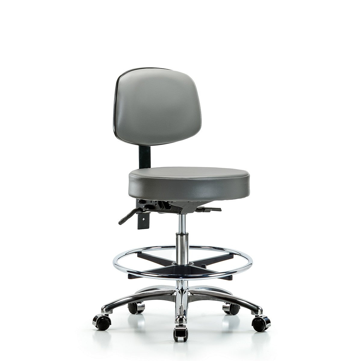 Blue Ridge Ergonomics VMBST-CR-T1-CF-CC-8840 Rutledge Vinyl Stool with Back Chrome - Medium Bench Height with Seat Tilt, Chrome Foot Ring, & Casters in Sterling Supernova™ Vinyl