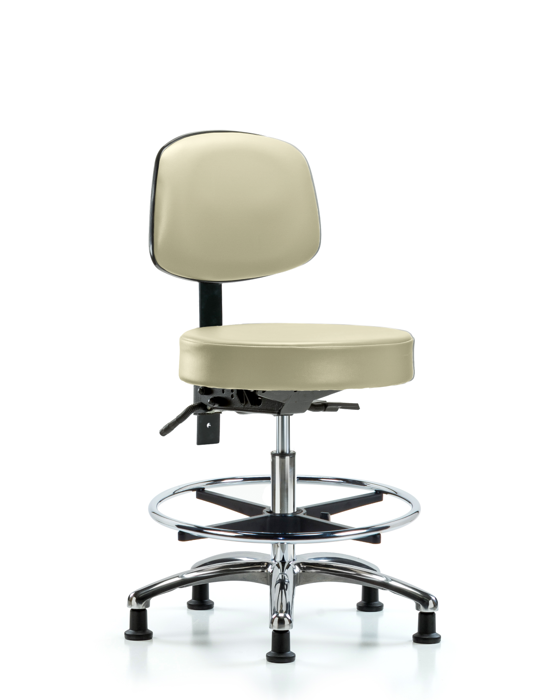 Blue Ridge Ergonomics VMBST-CR-T1-CF-RG-8501 Rutledge Vinyl Stool with Back Chrome - Medium Bench Height with Seat Tilt, Chrome Foot Ring, & Stationary Glides in Adobe White Trailblazer™ Vinyl