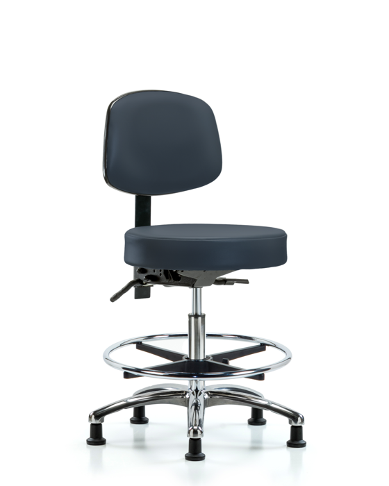Blue Ridge Ergonomics VMBST-CR-T1-CF-RG-8582 Rutledge Vinyl Stool with Back Chrome - Medium Bench Height with Seat Tilt, Chrome Foot Ring, & Stationary Glides in Imperial Blue Trailblazer™ Vinyl