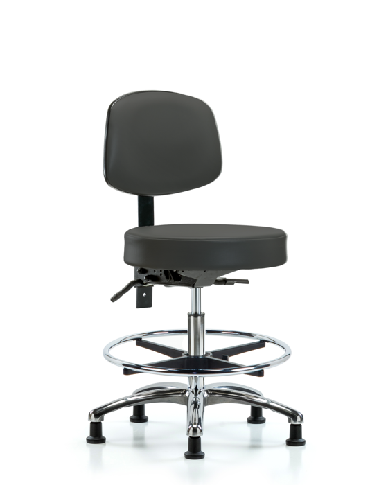 Blue Ridge Ergonomics VMBST-CR-T1-CF-RG-8605 Rutledge Vinyl Stool with Back Chrome - Medium Bench Height with Seat Tilt, Chrome Foot Ring, & Stationary Glides in Charcoal Trailblazer™ Vinyl