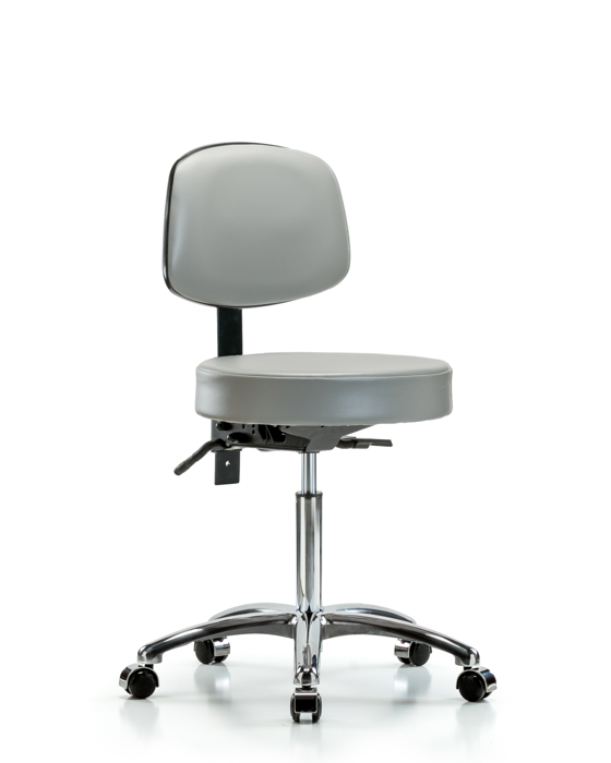 Blue Ridge Ergonomics VMBST-CR-T1-NF-CC-8567 Rutledge Vinyl Stool with Back Chrome - Medium Bench Height with Seat Tilt & Casters in Dove Trailblazer™ Vinyl