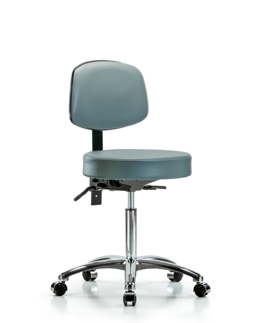 Blue Ridge Ergonomics VMBST-CR-T1-NF-CC-8822 Rutledge Vinyl Stool with Back Chrome - Medium Bench Height with Seat Tilt & Casters in Storm Supernova™ Vinyl