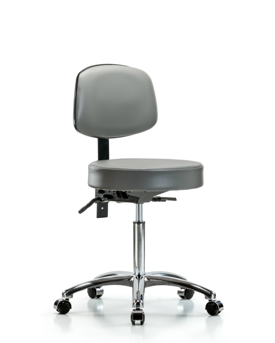 Blue Ridge Ergonomics VMBST-CR-T1-NF-CC-8840 Rutledge Vinyl Stool with Back Chrome - Medium Bench Height with Seat Tilt & Casters in Sterling Supernova™ Vinyl