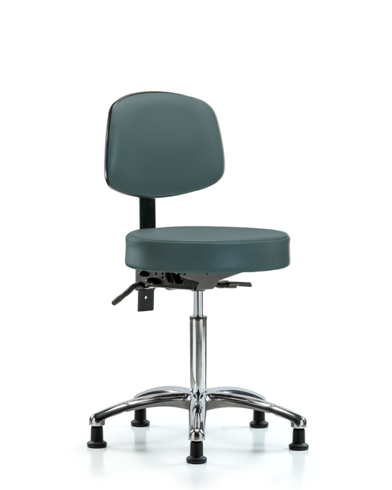 Blue Ridge Ergonomics VMBST-CR-T1-NF-RG-8546 Rutledge Vinyl Stool with Back Chrome - Medium Bench Height with Seat Tilt & Stationary Glides in Colonial Blue Trailblazer™ Vinyl
