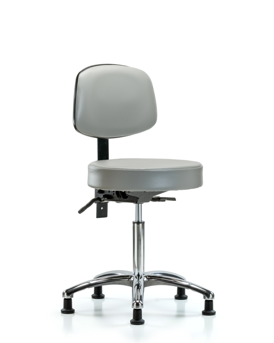 Blue Ridge Ergonomics VMBST-CR-T1-NF-RG-8567 Rutledge Vinyl Stool with Back Chrome - Medium Bench Height with Seat Tilt & Stationary Glides in Dove Trailblazer™ Vinyl