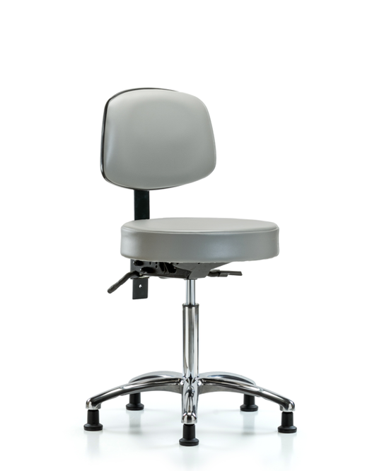 Blue Ridge Ergonomics VMBST-CR-T1-NF-RG-8567 Rutledge Vinyl Stool with Back Chrome - Medium Bench Height with Seat Tilt & Stationary Glides in Dove Trailblazer™ Vinyl
