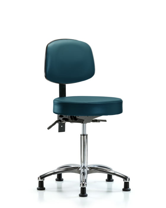 Blue Ridge Ergonomics VMBST-CR-T1-NF-RG-8801 Rutledge Vinyl Stool with Back Chrome - Medium Bench Height with Seat Tilt & Stationary Glides in Marine Blue Supernova™ Vinyl