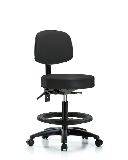 Blue Ridge Ergonomics VMBST-RG-T0-BF-RC-8540 Rutledge Vinyl Stool with Back - Medium Bench Height with Black Foot Ring & Casters in Black Trailblazer™ Vinyl