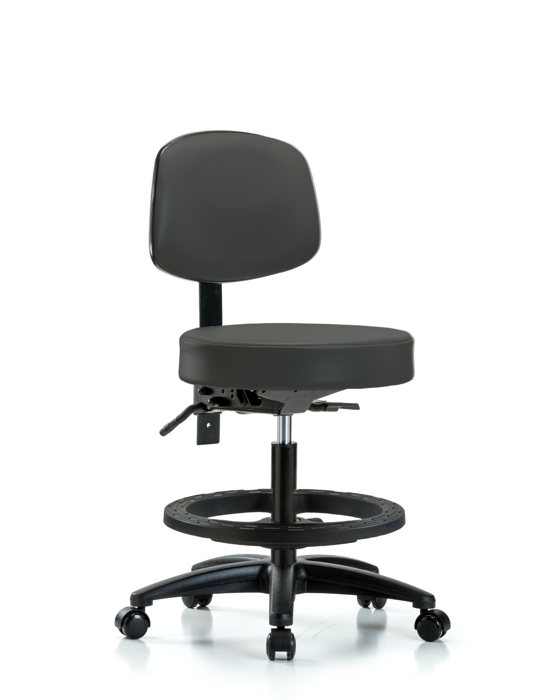 Blue Ridge Ergonomics VMBST-RG-T0-BF-RC-8605 Rutledge Vinyl Stool with Back - Medium Bench Height with Black Foot Ring & Casters in Charcoal Trailblazer™ Vinyl