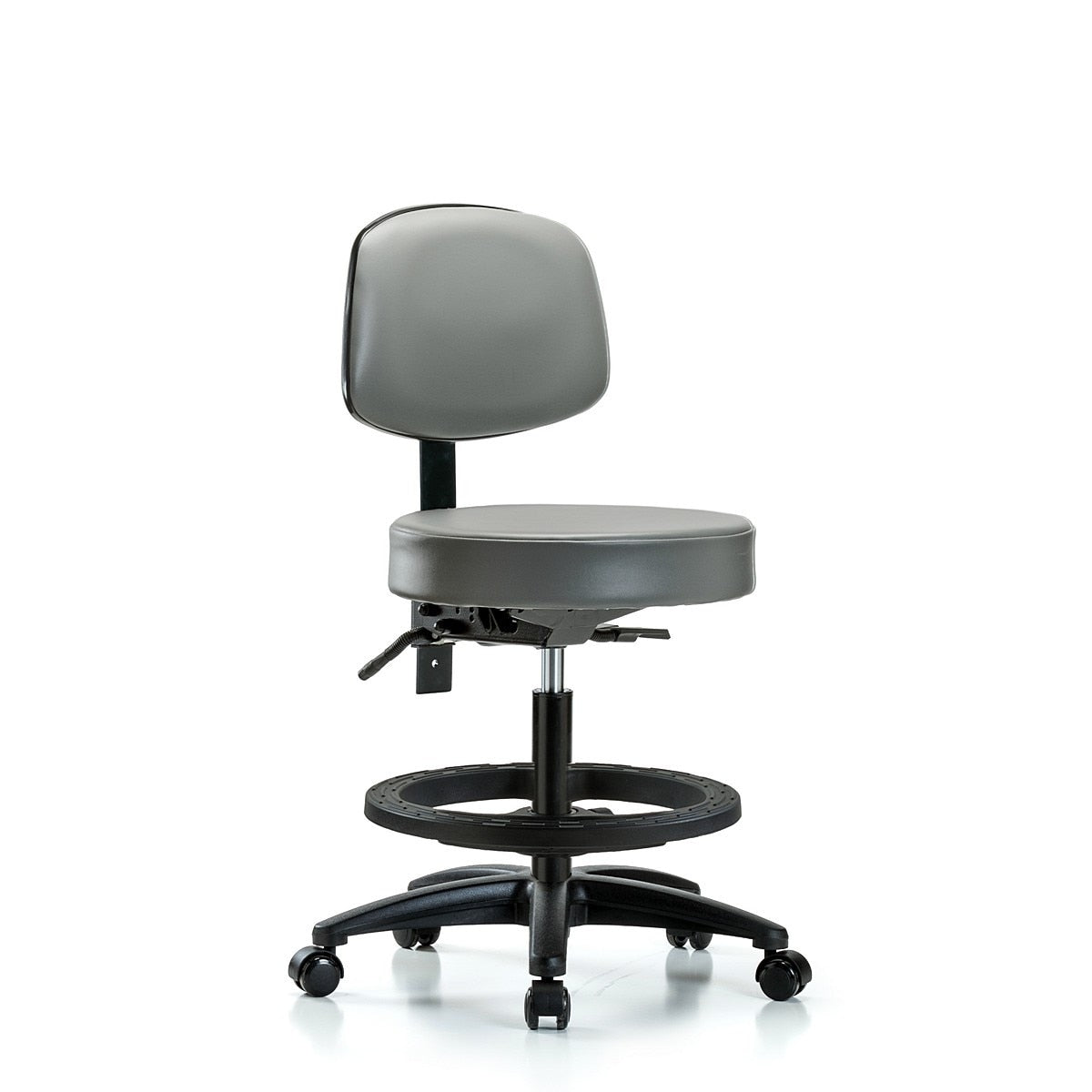 Blue Ridge Ergonomics VMBST-RG-T0-BF-RC-8840 Rutledge Vinyl Stool with Back - Medium Bench Height with Black Foot Ring & Casters in Sterling Supernova™ Vinyl
