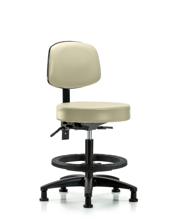 Blue Ridge Ergonomics VMBST-RG-T0-BF-RG-8501 Rutledge Vinyl Stool with Back - Medium Bench Height with Black Foot Ring & Stationary Glides in Adobe White Trailblazer™ Vinyl