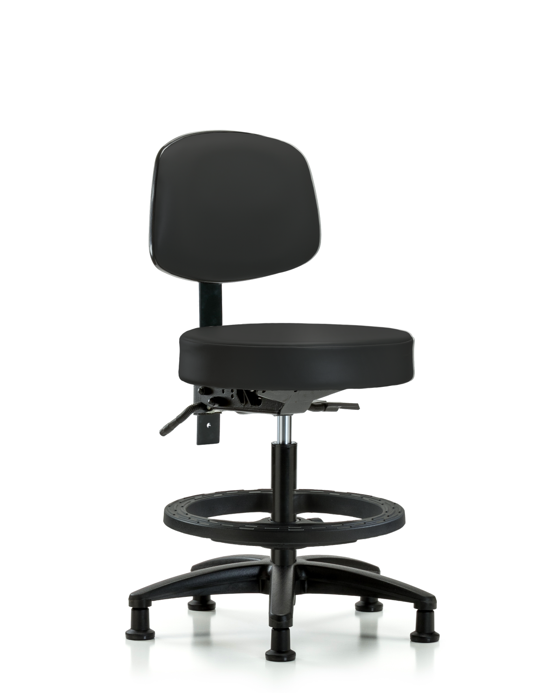 Blue Ridge Ergonomics VMBST-RG-T0-BF-RG-8540 Rutledge Vinyl Stool with Back - Medium Bench Height with Black Foot Ring & Stationary Glides in Black Trailblazer™ Vinyl