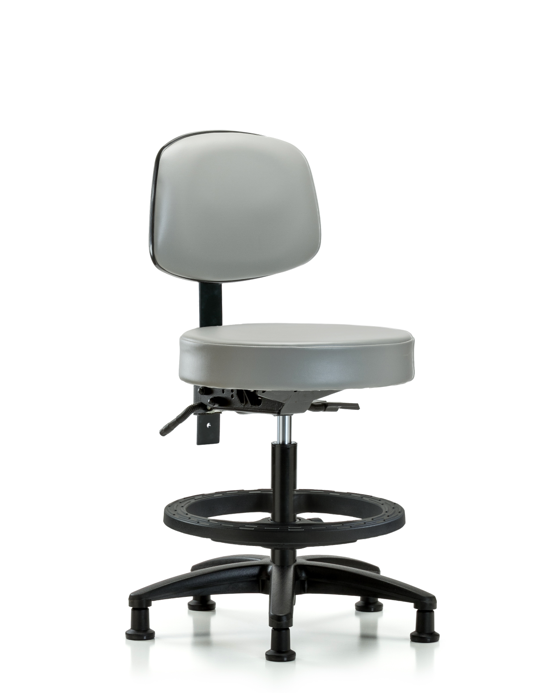 Blue Ridge Ergonomics VMBST-RG-T0-BF-RG-8567 Rutledge Vinyl Stool with Back - Medium Bench Height with Black Foot Ring & Stationary Glides in Dove Trailblazer™ Vinyl