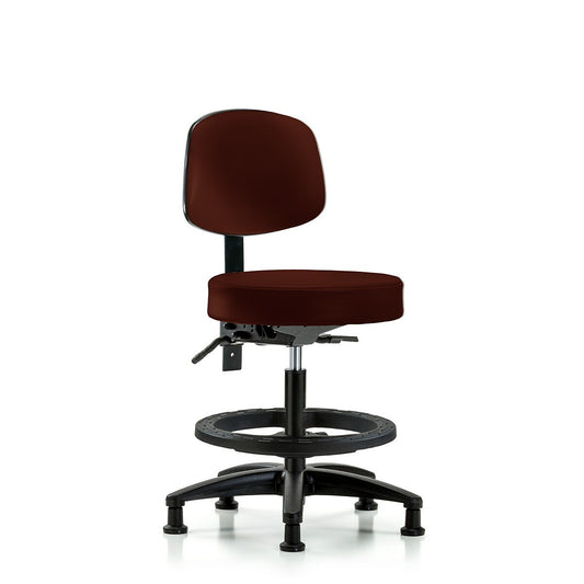 Blue Ridge Ergonomics VMBST-RG-T0-BF-RG-8569 Rutledge Vinyl Stool with Back - Medium Bench Height with Black Foot Ring & Stationary Glides in Burgundy Trailblazer™ Vinyl