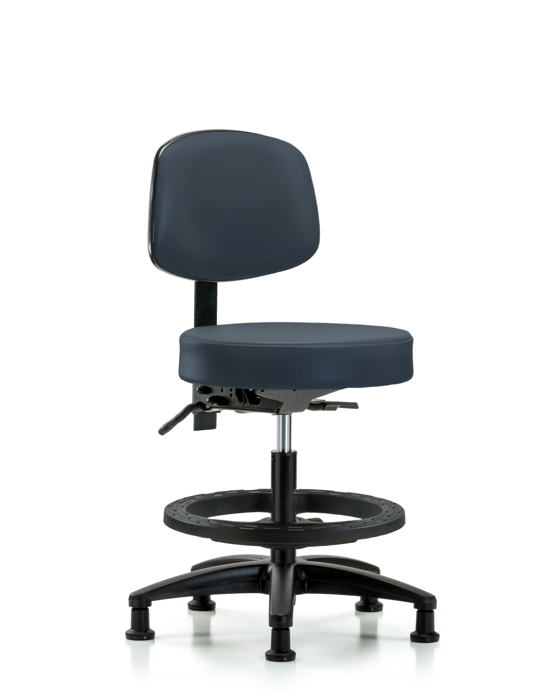 Blue Ridge Ergonomics VMBST-RG-T0-BF-RG-8582 Rutledge Vinyl Stool with Back - Medium Bench Height with Black Foot Ring & Stationary Glides in Imperial Blue Trailblazer™ Vinyl