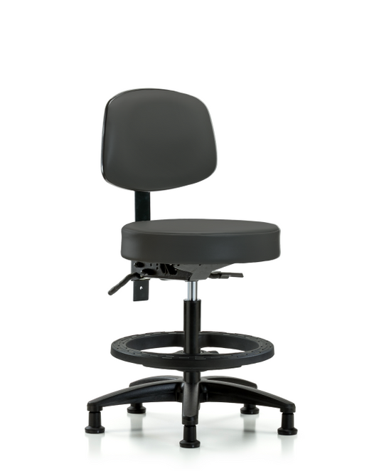 Blue Ridge Ergonomics VMBST-RG-T0-BF-RG-8605 Rutledge Vinyl Stool with Back - Medium Bench Height with Black Foot Ring & Stationary Glides in Charcoal Trailblazer™ Vinyl