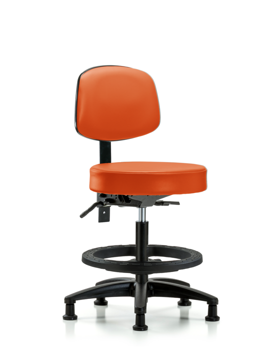 Blue Ridge Ergonomics VMBST-RG-T0-BF-RG-8613 Rutledge Vinyl Stool with Back - Medium Bench Height with Black Foot Ring & Stationary Glides in Orange Kist Trailblazer™ Vinyl