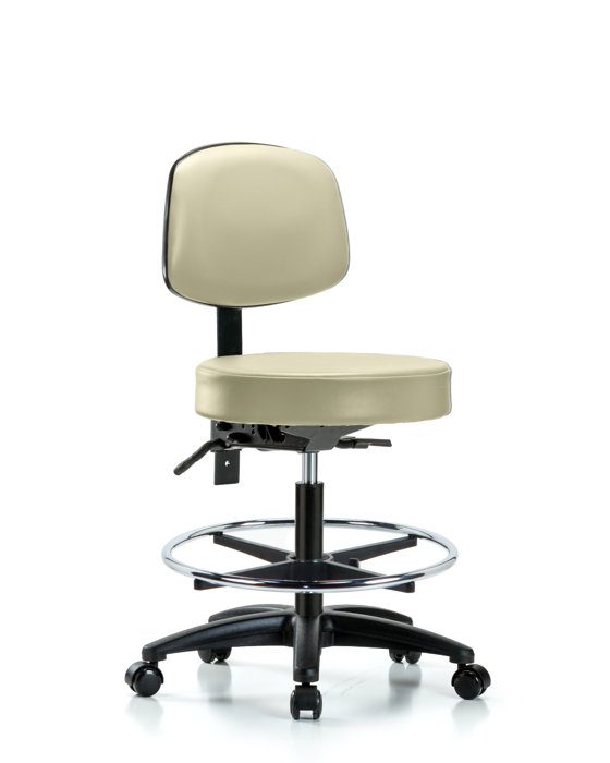 Blue Ridge Ergonomics VMBST-RG-T0-CF-RC-8501 Rutledge Vinyl Stool with Back - Medium Bench Height with Chrome Foot Ring & Casters in Adobe White Trailblazer™ Vinyl