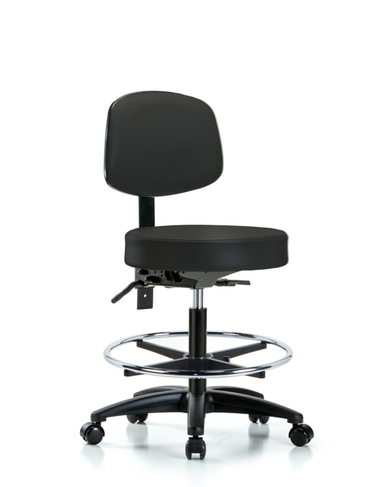 Blue Ridge Ergonomics VMBST-RG-T0-CF-RC-8540 Rutledge Vinyl Stool with Back - Medium Bench Height with Chrome Foot Ring & Casters in Black Trailblazer™ Vinyl