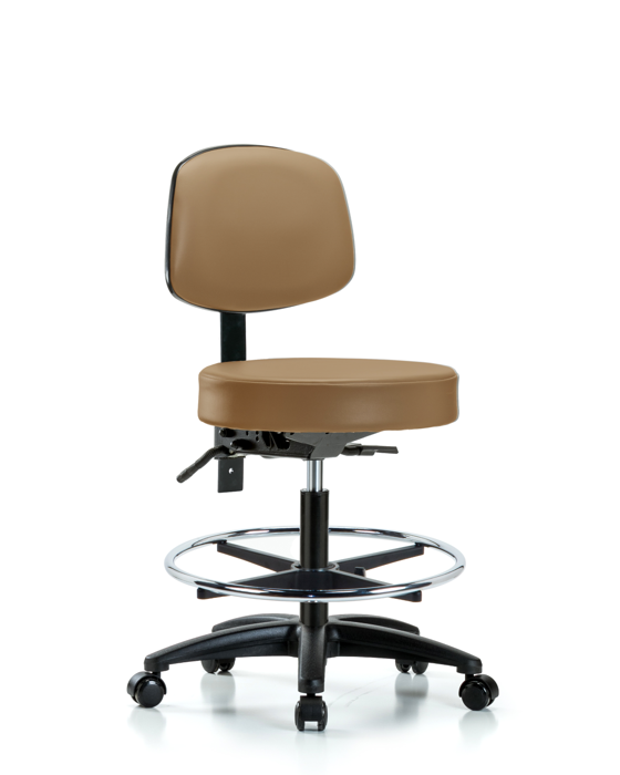 Blue Ridge Ergonomics VMBST-RG-T0-CF-RC-8584 Rutledge Vinyl Stool with Back - Medium Bench Height with Chrome Foot Ring & Casters in Taupe Trailblazer™ Vinyl
