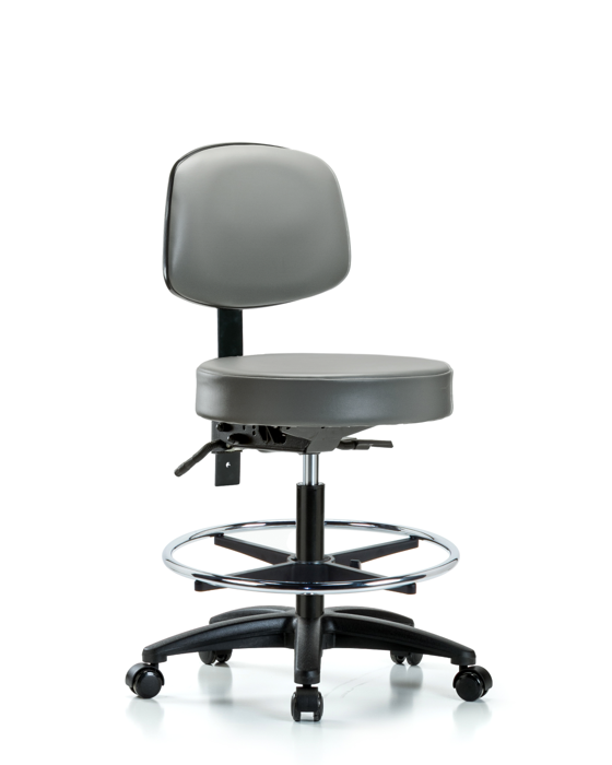 Blue Ridge Ergonomics VMBST-RG-T0-CF-RC-8840 Rutledge Vinyl Stool with Back - Medium Bench Height with Chrome Foot Ring & Casters in Sterling Supernova™ Vinyl