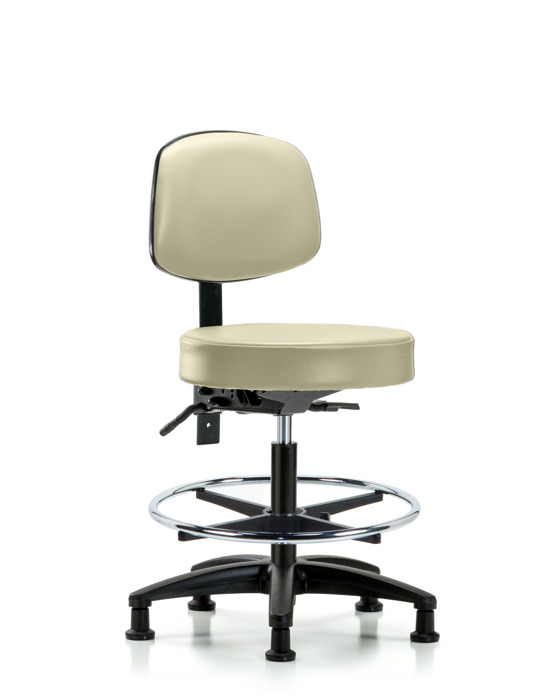 Blue Ridge Ergonomics VMBST-RG-T0-CF-RG-8501 Rutledge Vinyl Stool with Back - Medium Bench Height with Chrome Foot Ring & Stationary Glides in Adobe White Trailblazer™ Vinyl