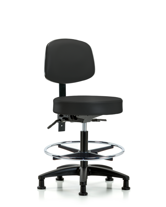 Blue Ridge Ergonomics VMBST-RG-T0-CF-RG-8540 Rutledge Vinyl Stool with Back - Medium Bench Height with Chrome Foot Ring & Stationary Glides in Black Trailblazer™ Vinyl
