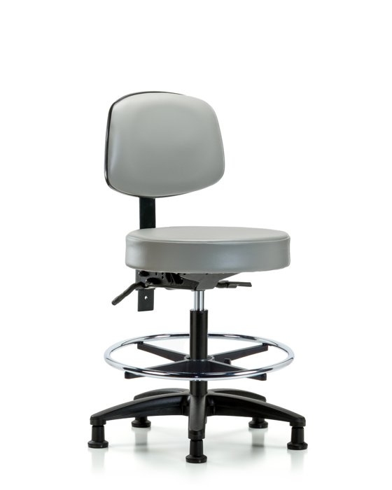 Blue Ridge Ergonomics VMBST-RG-T0-CF-RG-8567 Rutledge Vinyl Stool with Back - Medium Bench Height with Chrome Foot Ring & Stationary Glides in Dove Trailblazer™ Vinyl
