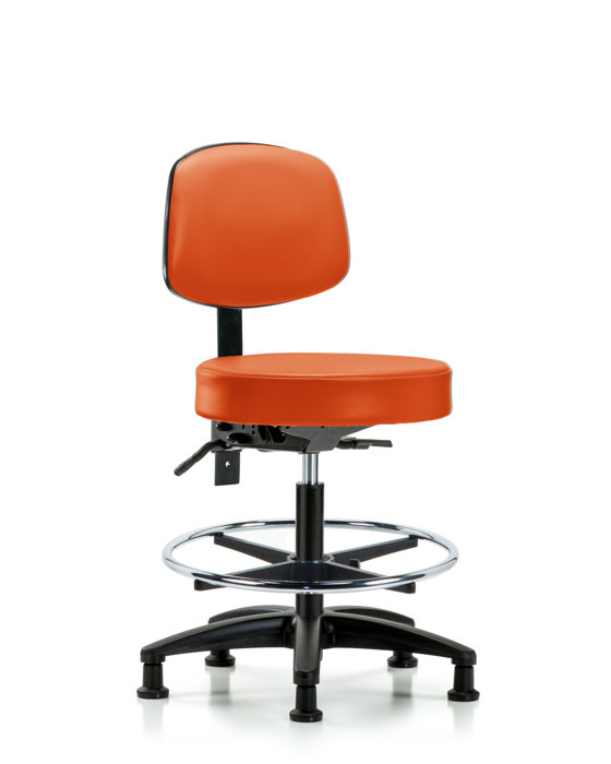 Blue Ridge Ergonomics VMBST-RG-T0-CF-RG-8613 Rutledge Vinyl Stool with Back - Medium Bench Height with Chrome Foot Ring & Stationary Glides in Orange Kist Trailblazer™ Vinyl