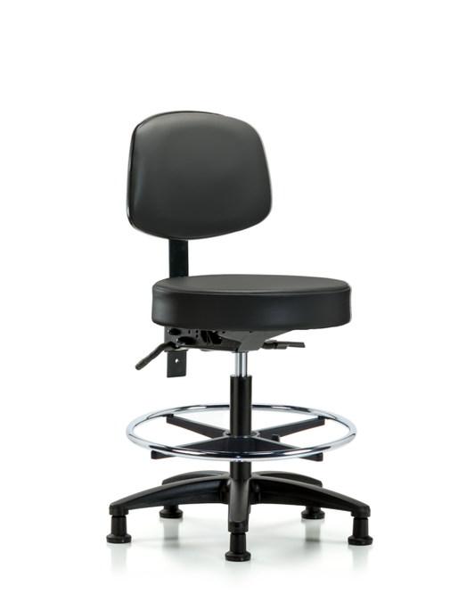 Blue Ridge Ergonomics VMBST-RG-T0-CF-RG-8823 Rutledge Vinyl Stool with Back - Medium Bench Height with Chrome Foot Ring & Stationary Glides in Carbon Supernova™ Vinyl