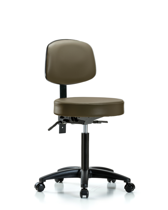Blue Ridge Ergonomics VMBST-RG-T0-NF-RC-8809 Rutledge Vinyl Stool with Back - Medium Bench Height with Casters in Taupe Supernova™ Vinyl