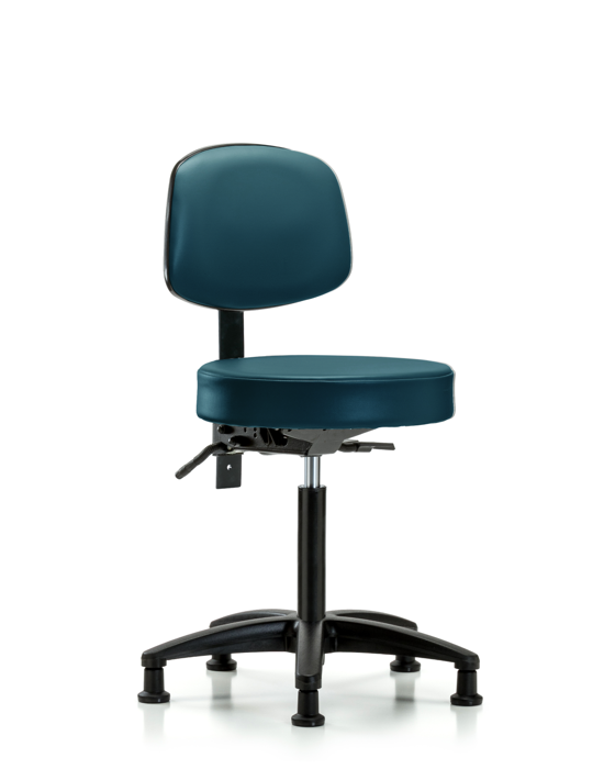 Blue Ridge Ergonomics VMBST-RG-T0-NF-RG-8801 Rutledge Vinyl Stool with Back - Medium Bench Height with Stationary Glides in Marine Blue Supernova™ Vinyl