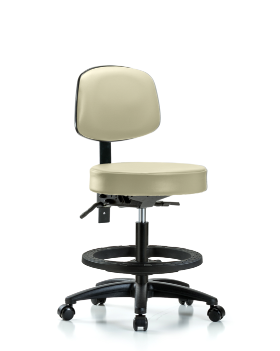 Blue Ridge Ergonomics VMBST-RG-T1-BF-RC-8501 Rutledge Vinyl Stool with Back - Medium Bench Height with Seat Tilt, Black Foot Ring, & Casters in Adobe White Trailblazer™ Vinyl