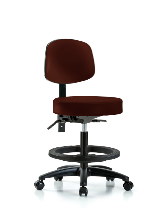 Blue Ridge Ergonomics VMBST-RG-T1-BF-RC-8569 Rutledge Vinyl Stool with Back - Medium Bench Height with Seat Tilt, Black Foot Ring, & Casters in Burgundy Trailblazer™ Vinyl