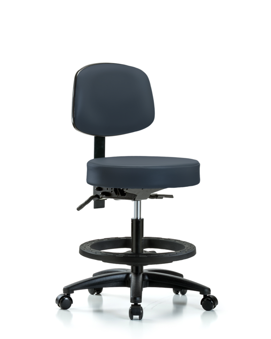 Blue Ridge Ergonomics VMBST-RG-T1-BF-RC-8582 Rutledge Vinyl Stool with Back - Medium Bench Height with Seat Tilt, Black Foot Ring, & Casters in Imperial Blue Trailblazer™ Vinyl