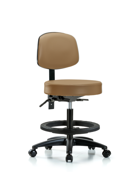 Blue Ridge Ergonomics VMBST-RG-T1-BF-RC-8584 Rutledge Vinyl Stool with Back - Medium Bench Height with Seat Tilt, Black Foot Ring, & Casters in Taupe Trailblazer™ Vinyl