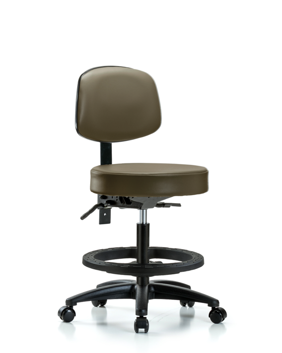 Blue Ridge Ergonomics VMBST-RG-T1-BF-RC-8809 Rutledge Vinyl Stool with Back - Medium Bench Height with Seat Tilt, Black Foot Ring, & Casters in Taupe Supernova™ Vinyl