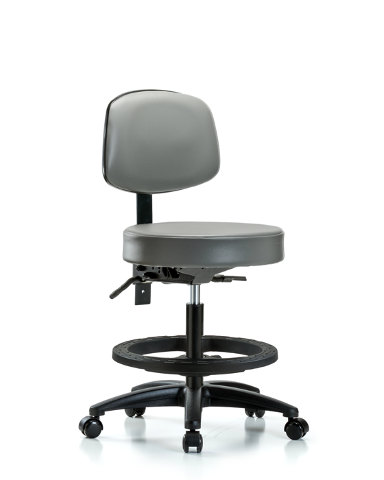 Blue Ridge Ergonomics VMBST-RG-T1-BF-RC-8840 Rutledge Vinyl Stool with Back - Medium Bench Height with Seat Tilt, Black Foot Ring, & Casters in Sterling Supernova™ Vinyl