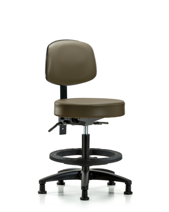 Blue Ridge Ergonomics VMBST-RG-T1-BF-RG-8809 Rutledge Vinyl Stool with Back - Medium Bench Height with Seat Tilt, Black Foot Ring, & Stationary Glides in Taupe Supernova™ Vinyl
