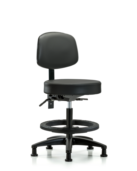 Blue Ridge Ergonomics VMBST-RG-T1-BF-RG-8823 Rutledge Vinyl Stool with Back - Medium Bench Height with Seat Tilt, Black Foot Ring, & Stationary Glides in Carbon Supernova™ Vinyl