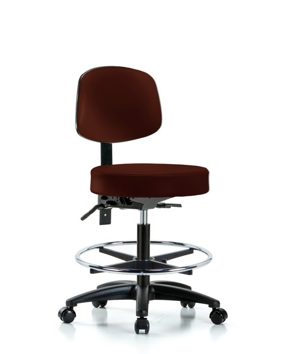 Blue Ridge Ergonomics VMBST-RG-T1-CF-RC-8569 Rutledge Vinyl Stool with Back - Medium Bench Height with Seat Tilt, Chrome Foot Ring, & Casters in Burgundy Trailblazer™ Vinyl