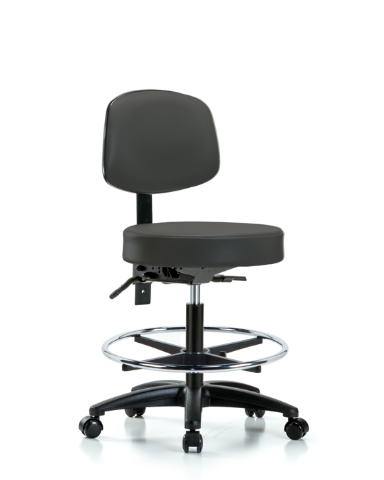 Blue Ridge Ergonomics VMBST-RG-T1-CF-RC-8605 Rutledge Vinyl Stool with Back - Medium Bench Height with Seat Tilt, Chrome Foot Ring, & Casters in Charcoal Trailblazer™ Vinyl