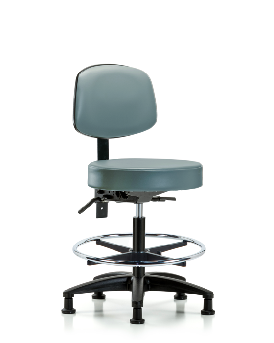 Blue Ridge Ergonomics VMBST-RG-T1-CF-RG-8822 Rutledge Vinyl Stool with Back - Medium Bench Height with Seat Tilt, Chrome Foot Ring, & Stationary Glides in Storm Supernova™ Vinyl